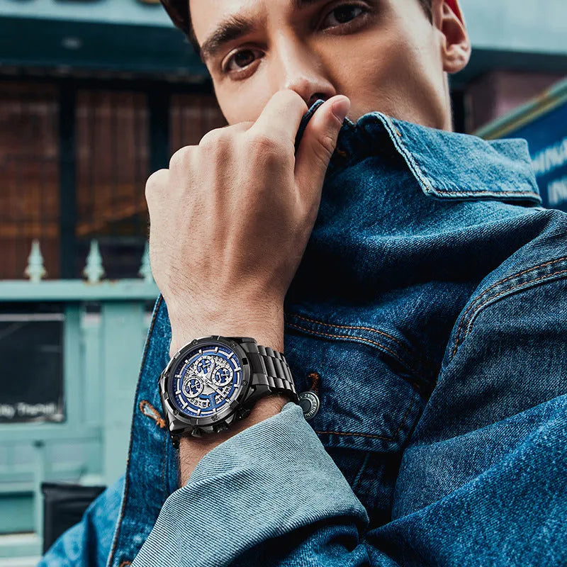 Men's waterproof quartz watch with steel belt and luminous dial in black gold or silver finish