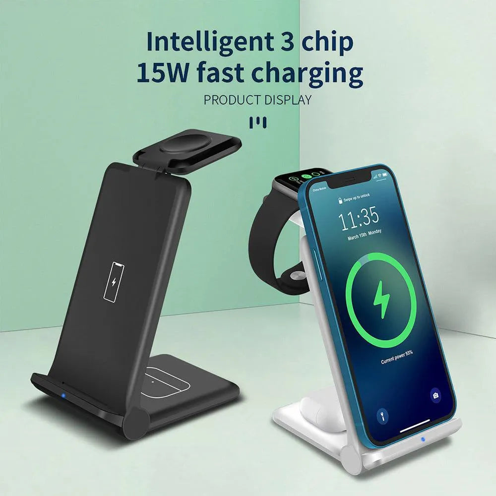 White 3-in-1 wireless charging station holding an iPhone upright, with an Apple Watch and AirPods on charging pads.