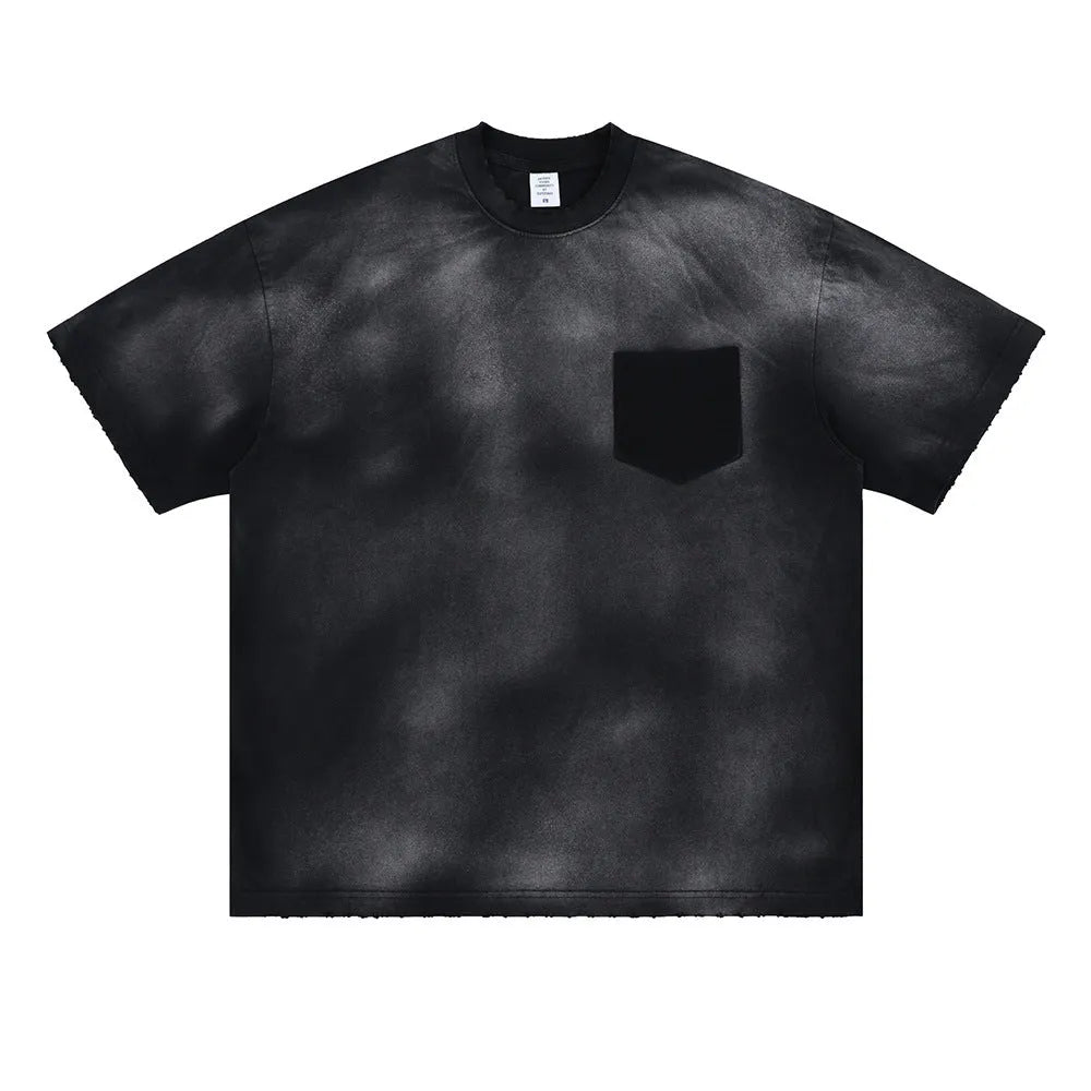 Black men's loose-fit cotton t-shirt with a printed letter design and drop-shoulder short sleeves.