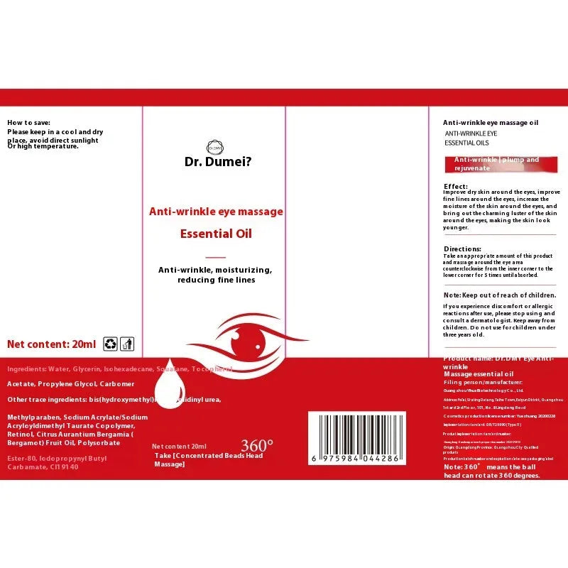 Red packaged 20ml eye anti-wrinkle massage essence oil with hydrating, moisturising and firming properties