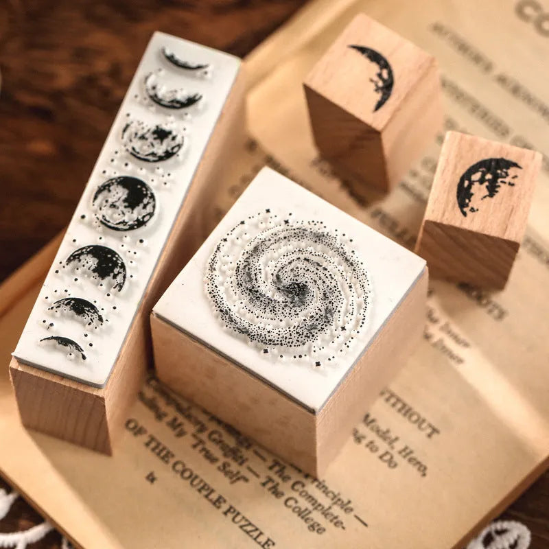 Mr Paper wooden seal suit with seven vintage handmade stamps for decorative journaling