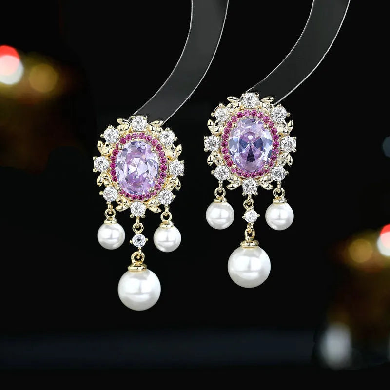 Oval geometric pearl tassel earrings with zircon stones in light purple colour