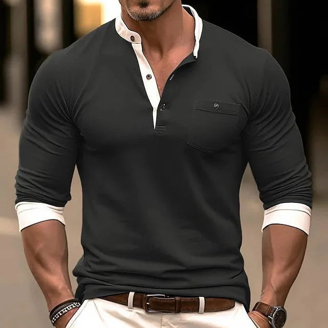 Men's solid colour long sleeve cotton T-shirt on a hanger, shown in grey.