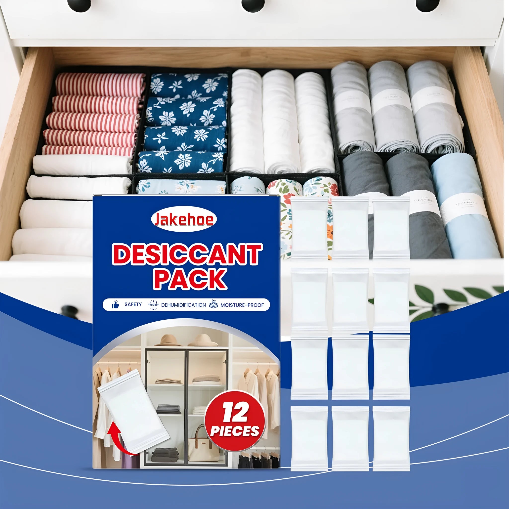 Twelve white calcium chloride desiccant sachets, each 100g, for absorbing moisture in wardrobes and cupboards.