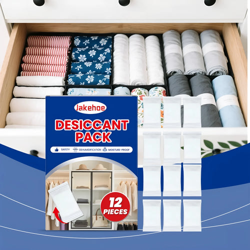 Twelve white calcium chloride desiccant sachets, each 100g, for absorbing moisture in wardrobes and cupboards.