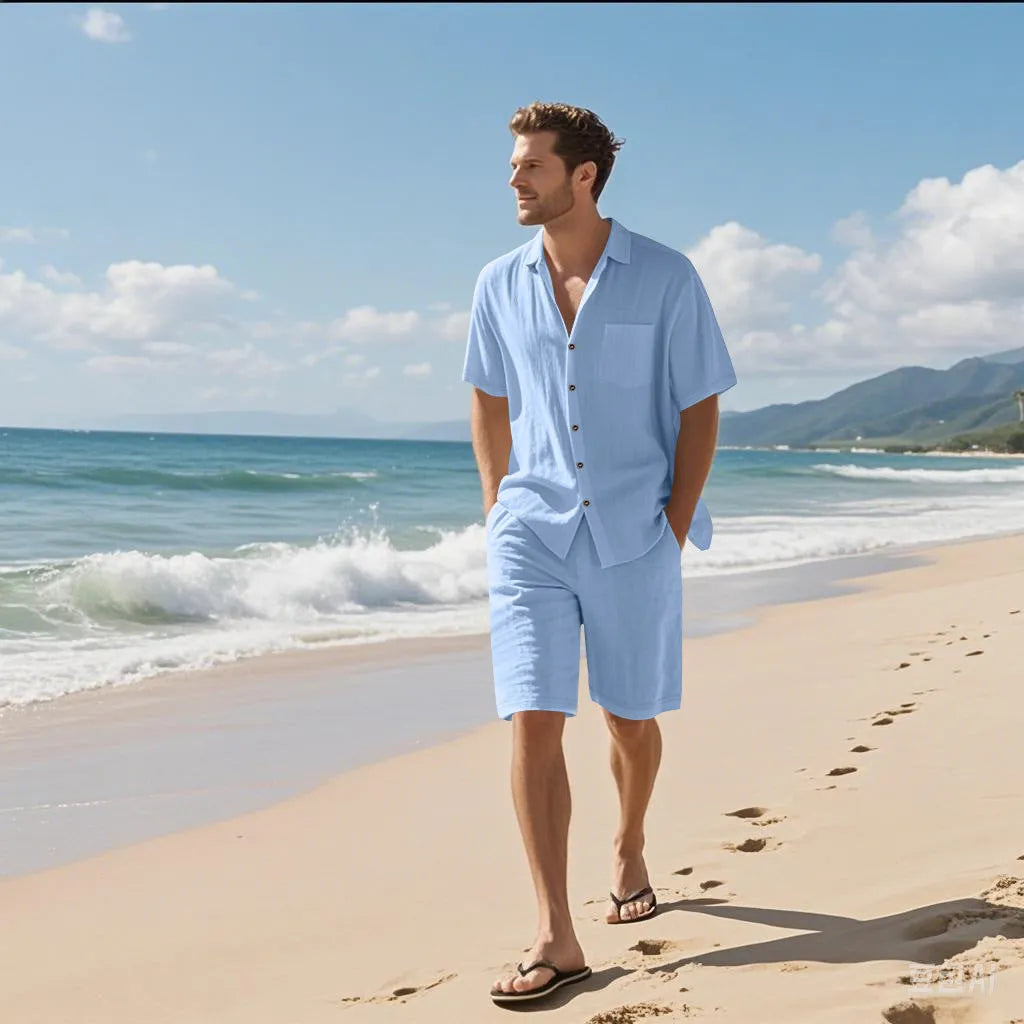 Men's light blue linen blend short sleeve shirt and matching shorts laid flat.