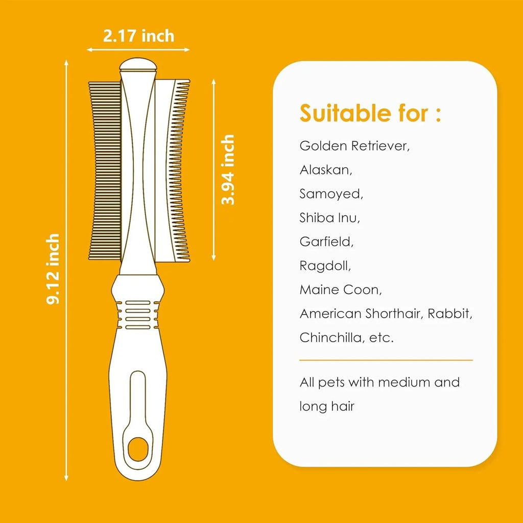 White double-sided dog and cat brush with curved comb and deshedding bristles on an ergonomic handle.