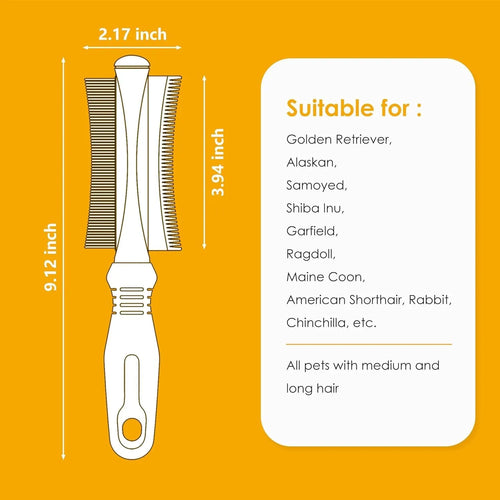 White double-sided dog and cat brush with curved comb and deshedding bristles on an ergonomic handle.