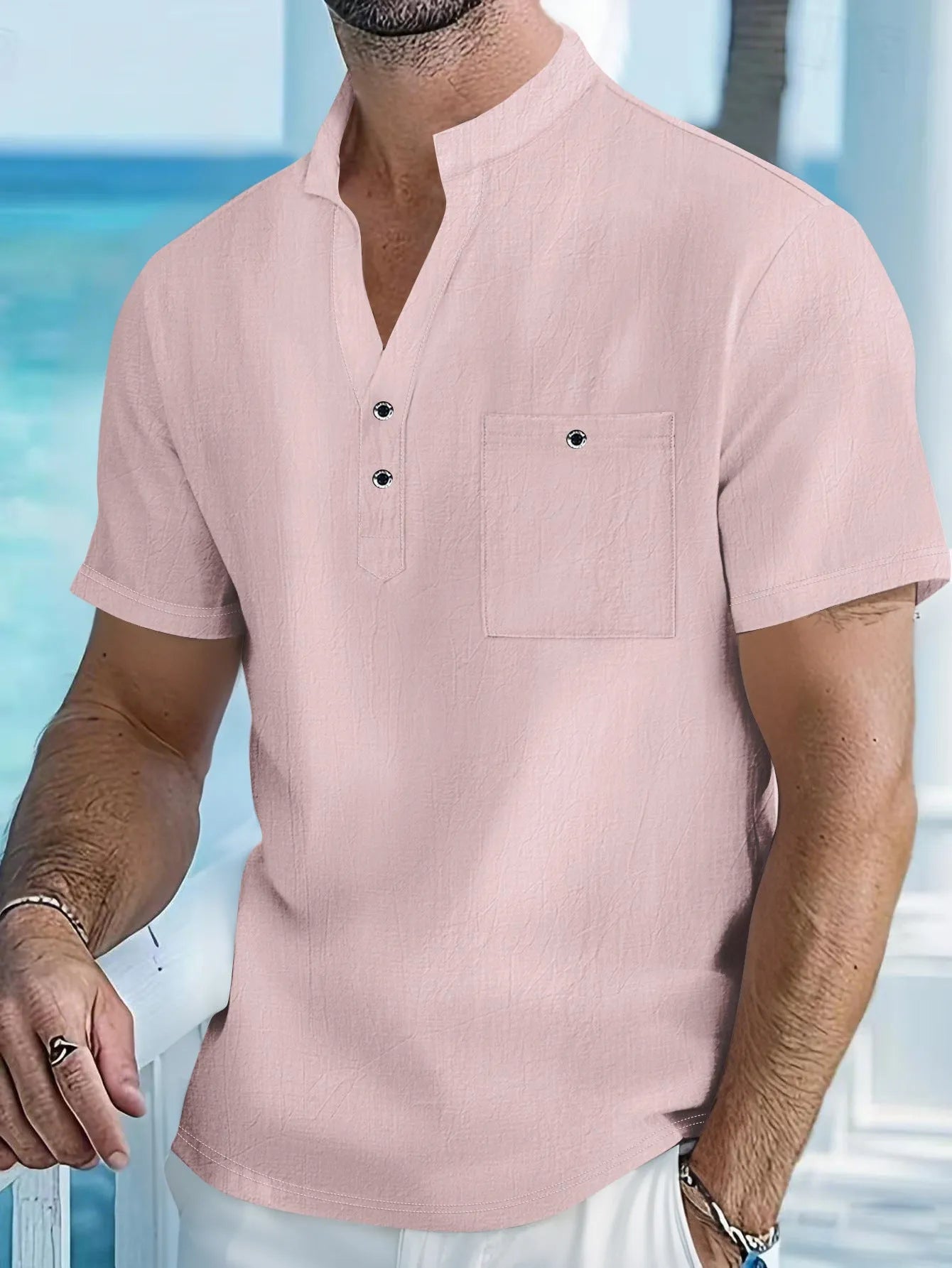 Men's linen stand collar t-shirt in light blue colour with short sleeves and loose fit