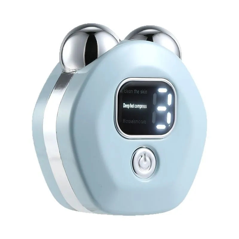 Portable hot compress charging massage instrument with micro current double rollers in white, light blue, or pink
