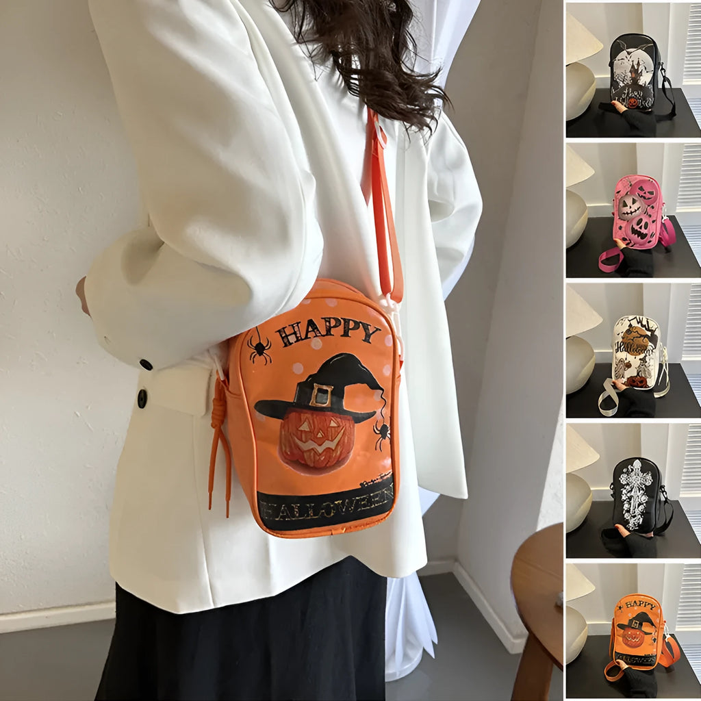 Halloween graffiti print crossbody bag showing pumpkin, ghost and bat designs in medium 14x23x9.5cm size
