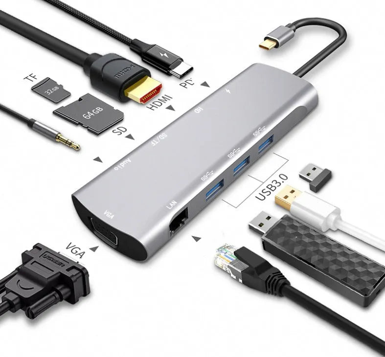 Grey USB-C docking station with HDMI, VGA, USB 3.0 and charging ports