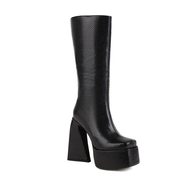 Women's black artificial PU high boots casual footwear with sizing options 34-43