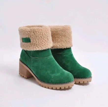Women's suede mid-tube snow boots with a thick low heel in various colours