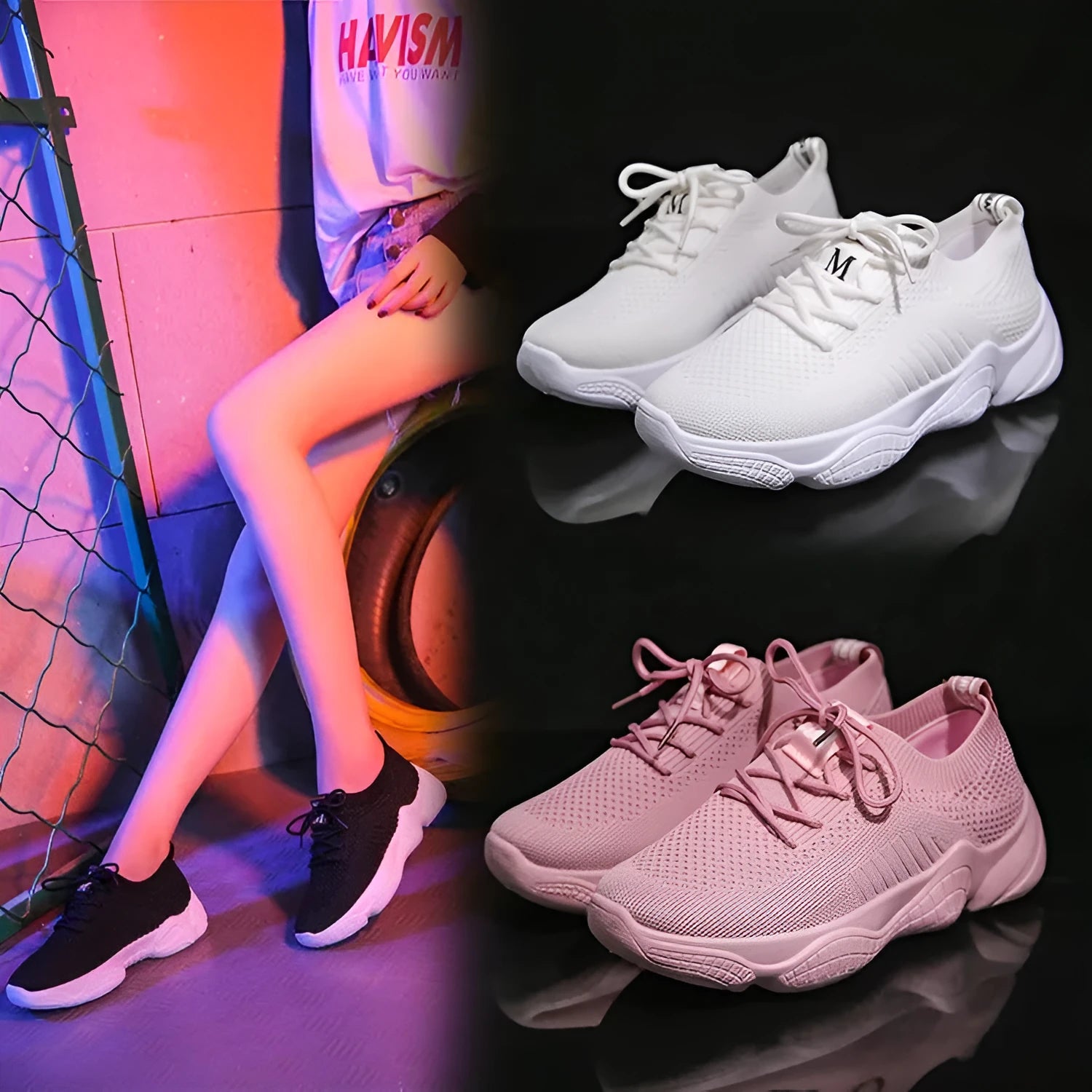 Women's white thick-soled casual sports shoes with woven upper and front strap.