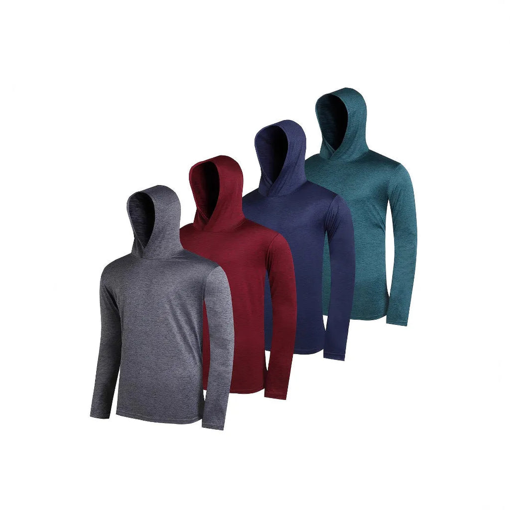 Set of four men's lightweight polyester hoodies on hangers, showing colour options and basic design.