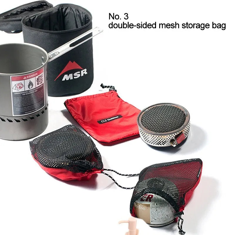 Red five-piece outdoor travel storage bag set with zipper closures and mesh panelling