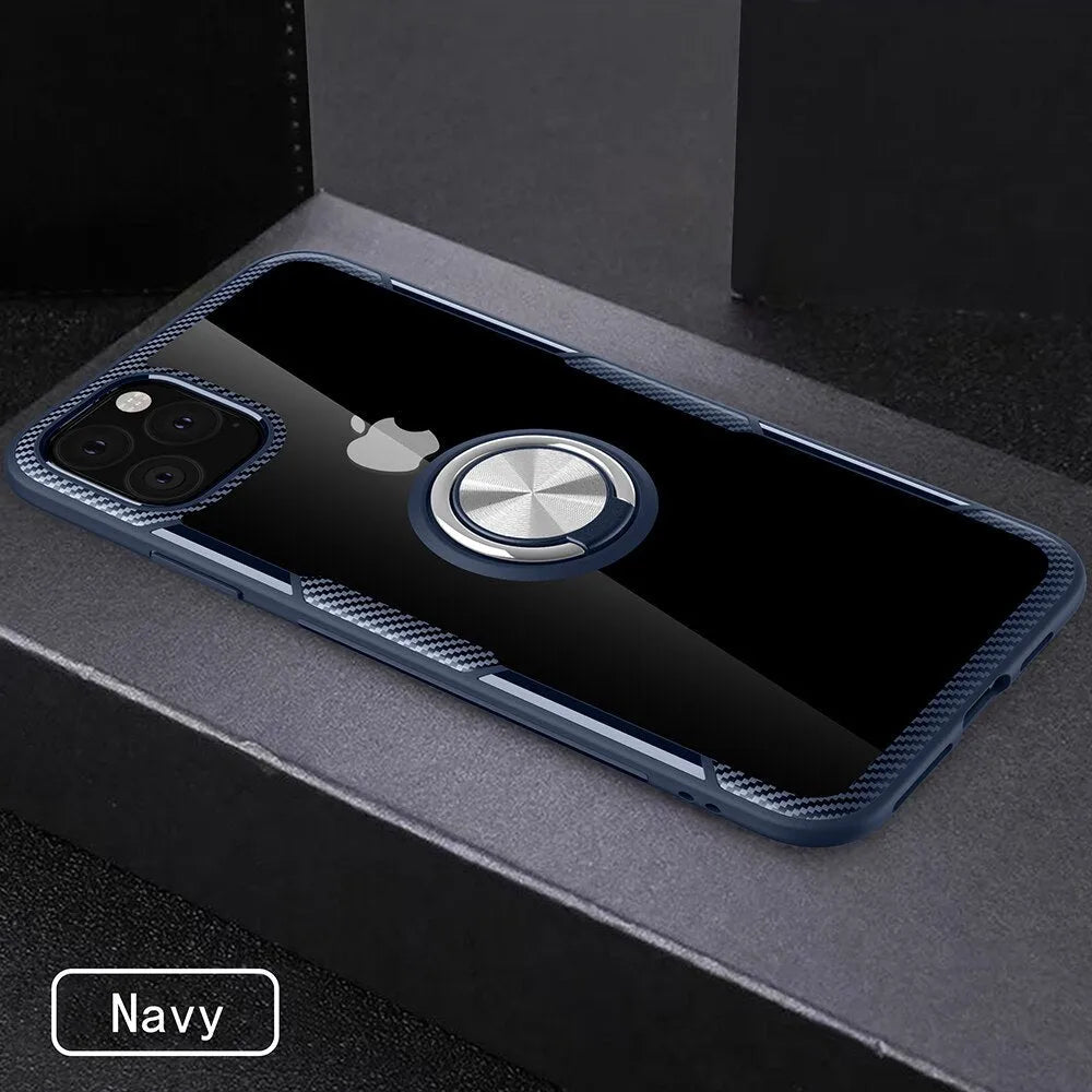 Black iPhone back cover case with a flexible, bendable holder arm extended from the back.