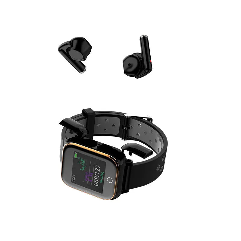 Black smartwatch with integrated Bluetooth earbuds showing heart rate monitoring on 1.4-inch screen