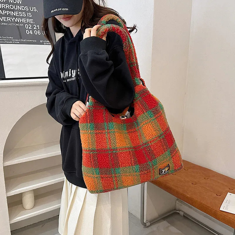 Women's soft plush plaid shoulder crossbody tote bag with large capacity