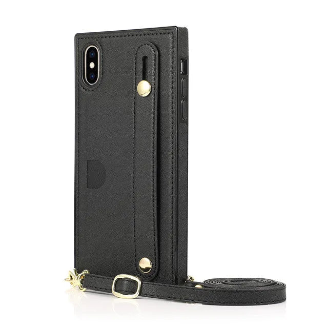 Leather iPhone case with a wristband strap and card slot, shown in multiple colours.