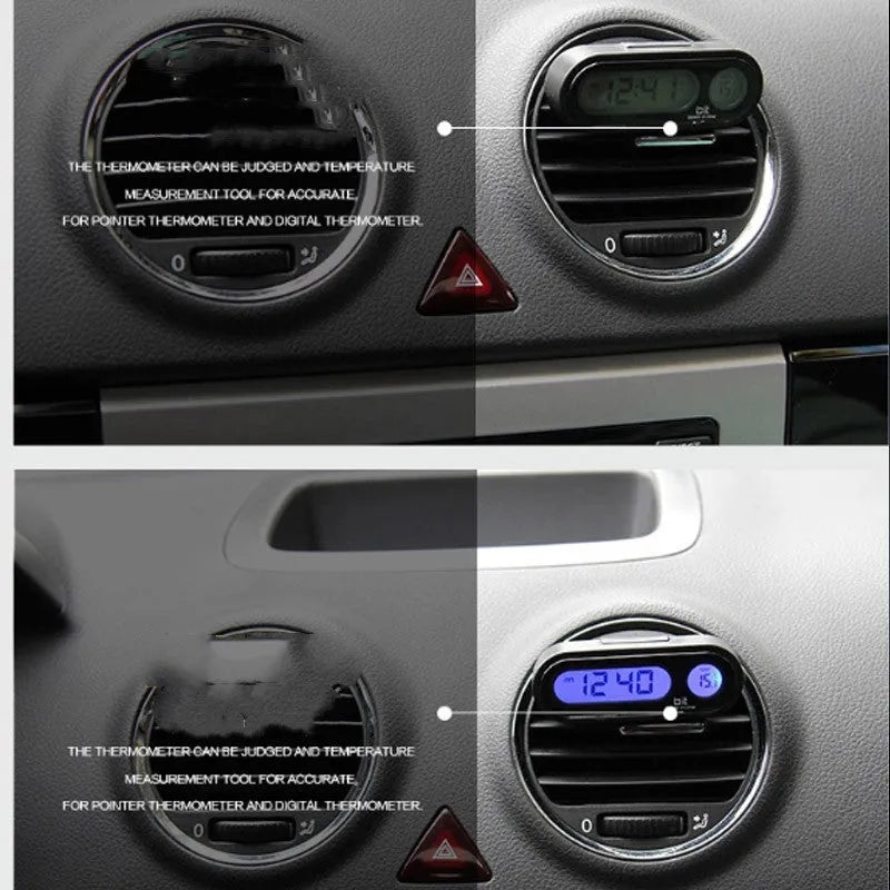 Black electronic car clock and thermometer unit with LED display on adjustable bracket.