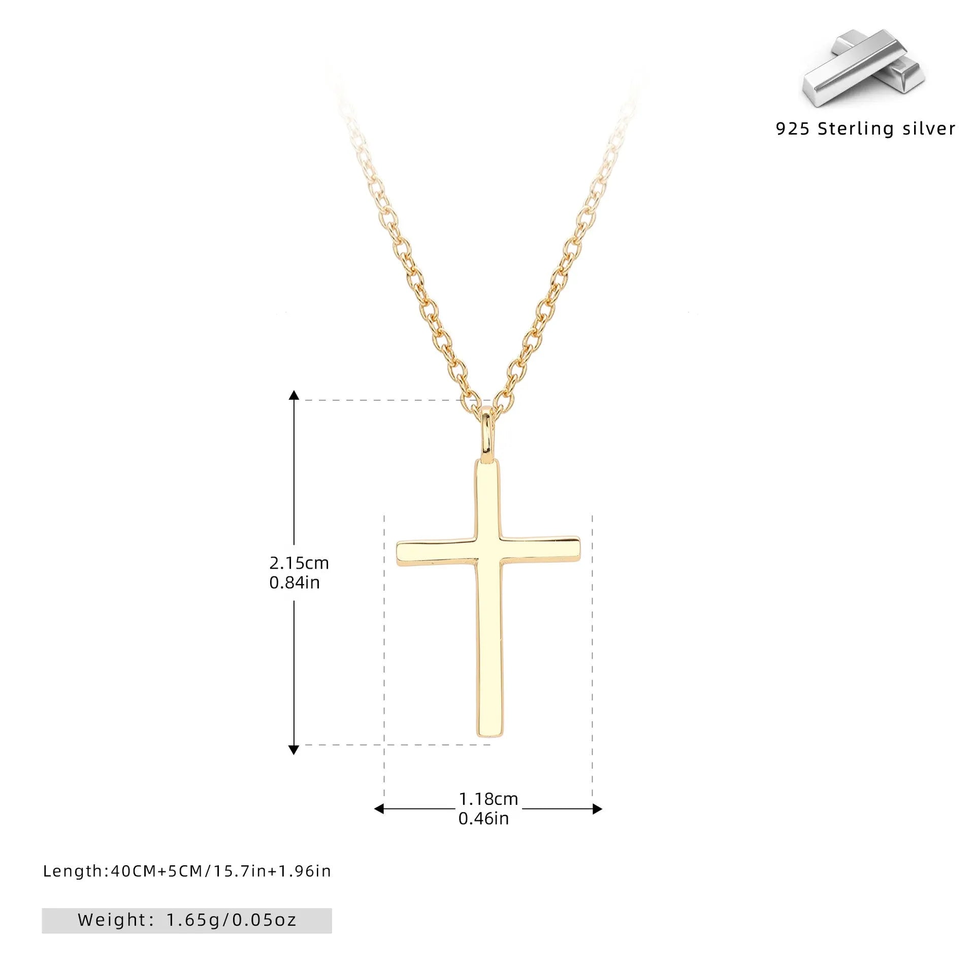 S925 sterling silver necklace with a simple glossy cross pendant on an adjustable O-shaped chain.