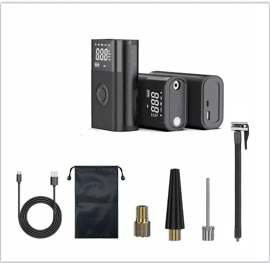 Wireless handheld digital display air pump with LED light and various nozzle attachments on a grey background.