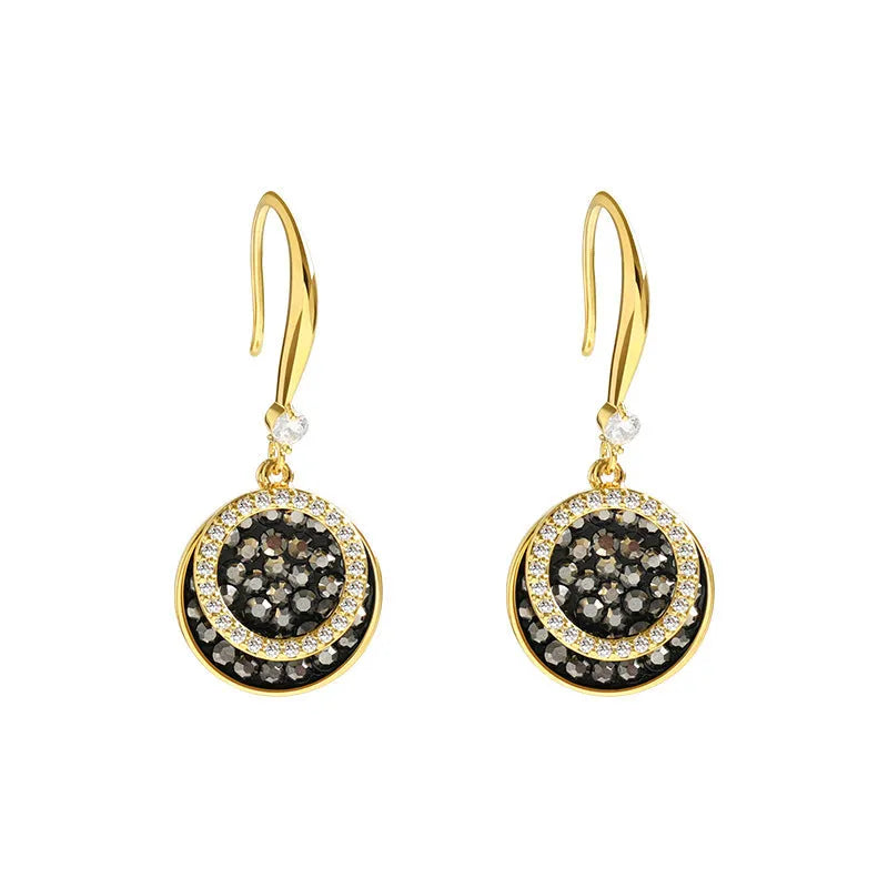 Black geometric drop earrings with circular design and 3.6cm length in retro Hong Kong style
