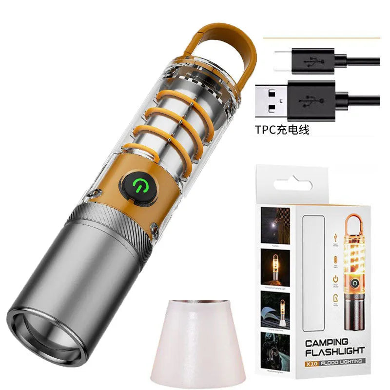 Orange or beige dual light source flashlight with keychain and hook attachments