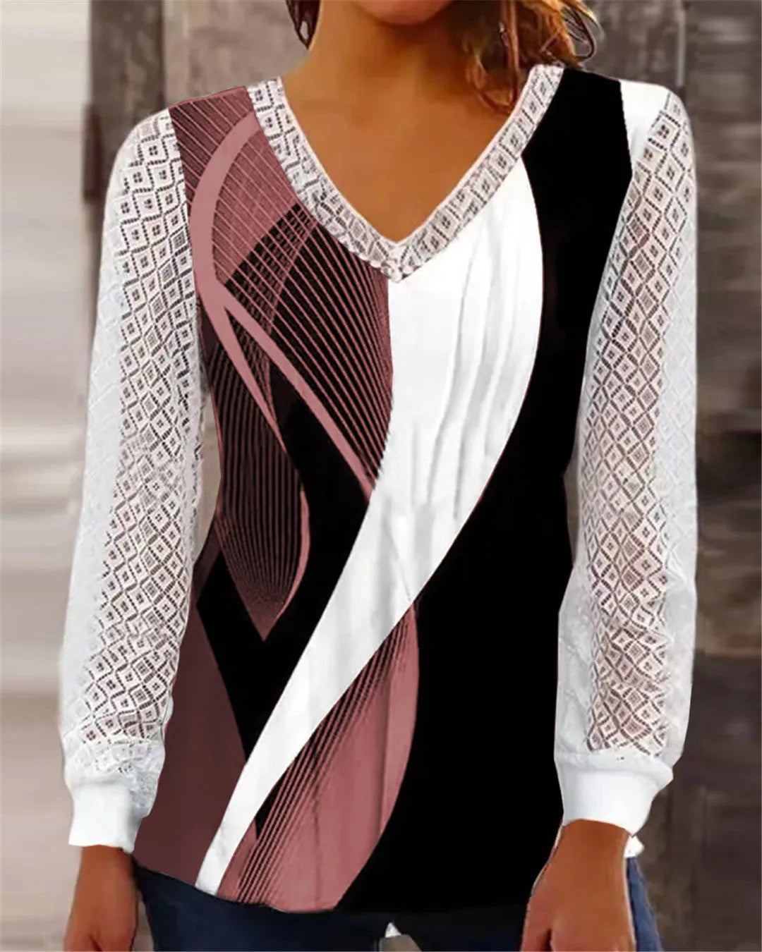 Women's loose v-neck top with hollow-out lace print in purple colour