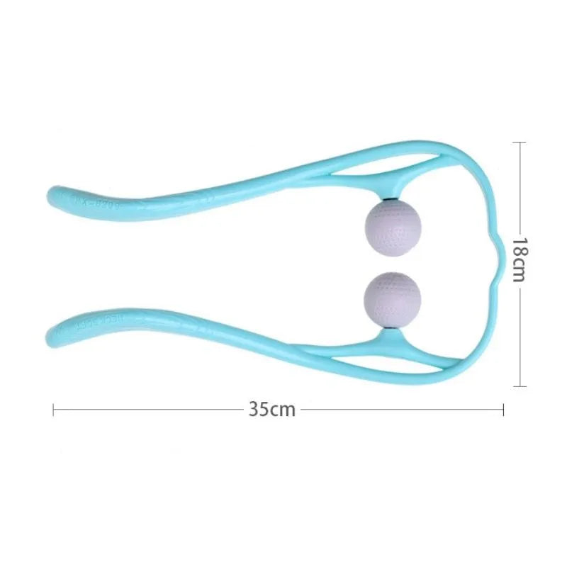 Plastic handheld neck and shoulder massager with adjustable width and roller head in pink, blue, and green colours.