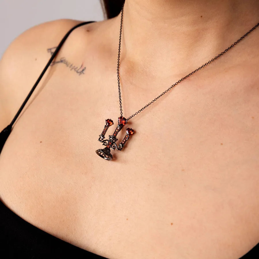 Women's gothic necklace with hollow candlestick pendant on cross chain, zinc alloy with diamond finish