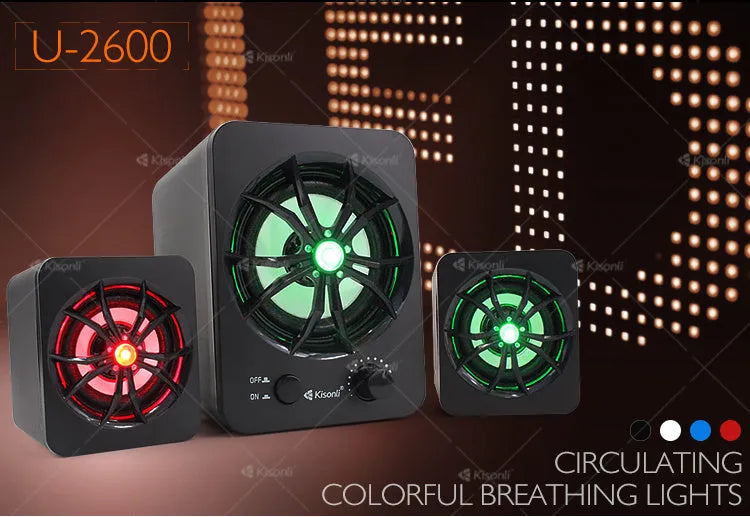 Green 2.1 USB computer speaker with colourful LED lights and mini portable design.