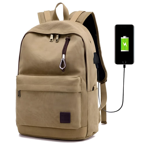 Canvas backpack with USB charging port shown in khaki colour