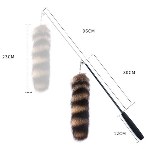 Black cat toy wand teaser with a long handle and elastic string for interactive play.