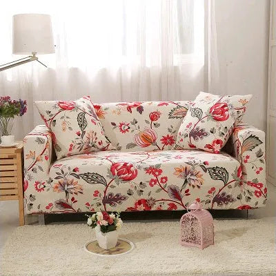 Printed stretch sofa cover with geometric pattern on three-seater sofa
