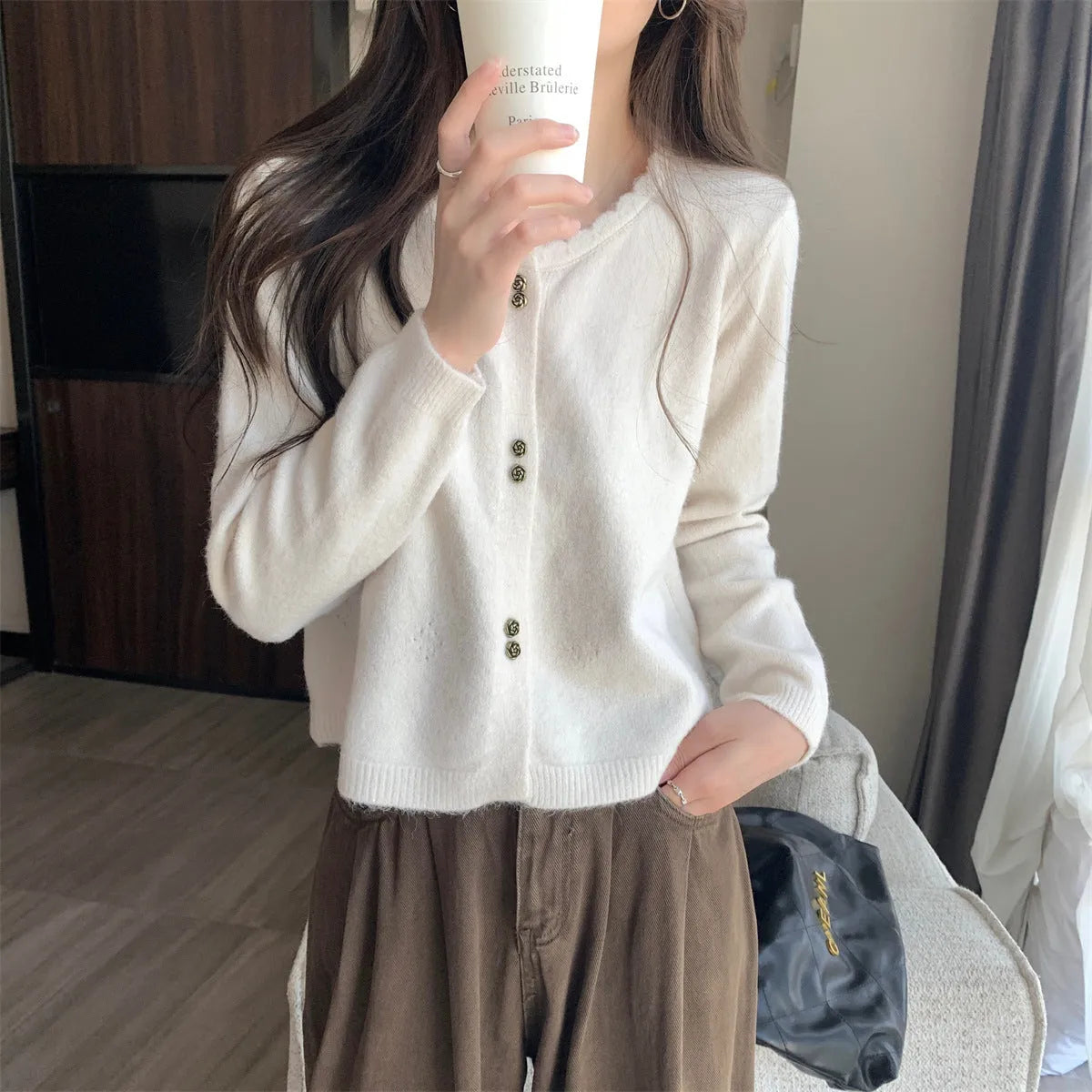 Women's long-sleeved acrylic cardigan coat in milky white, red, pink, light purple, or black colours