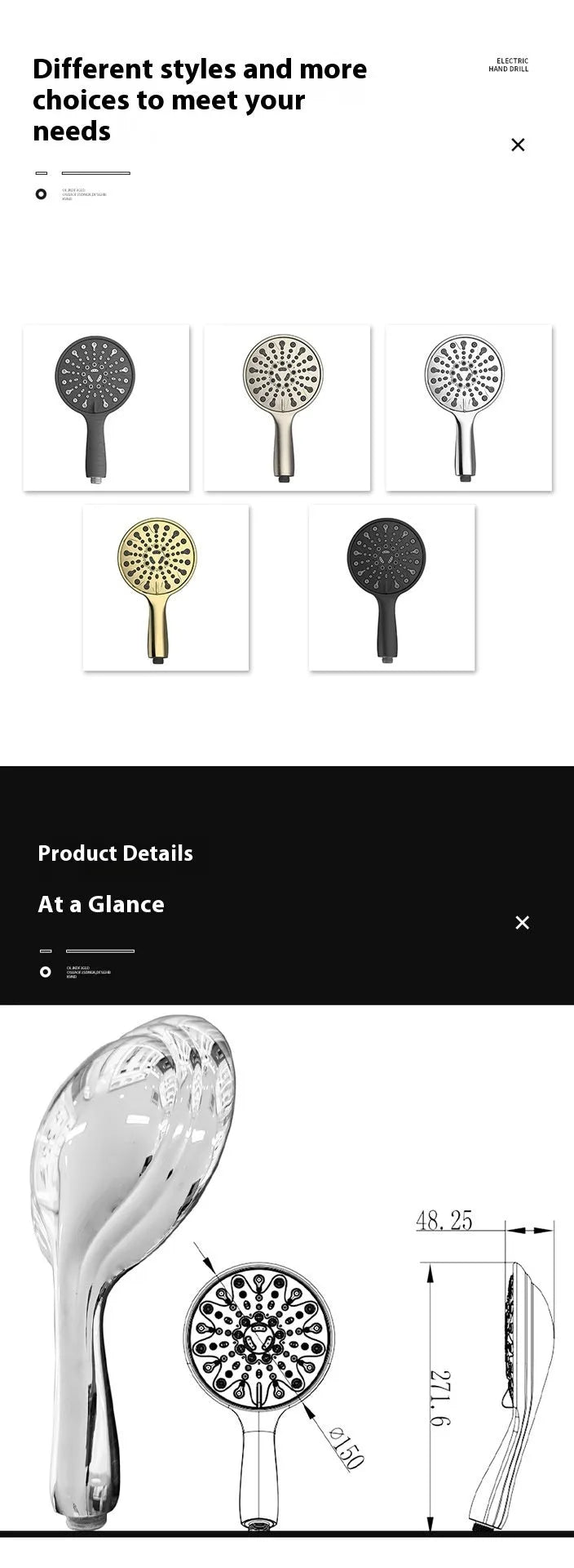 6-inch portable handheld shower with electroplated finish showing six spray function settings
