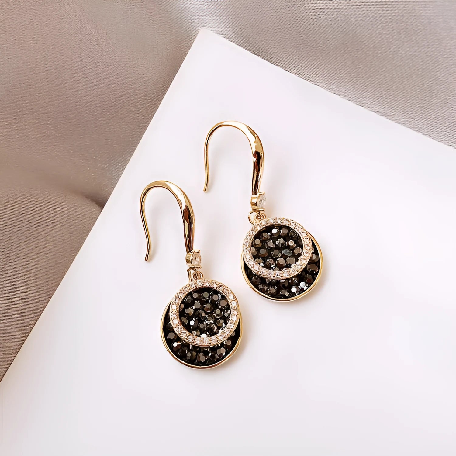 Black geometric drop earrings with circular design and 3.6cm length in retro Hong Kong style