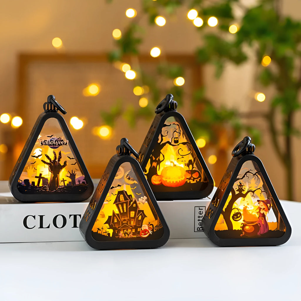 Portable Halloween pumpkin lamp decoration in four colours measuring 8.9 by 5.2 by 11.5 centimetres