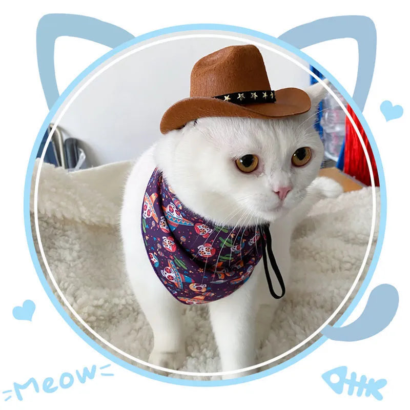 British-style non-woven fabric cowboy hat for a cat, shown in a brown colour with a black ribbon trim.