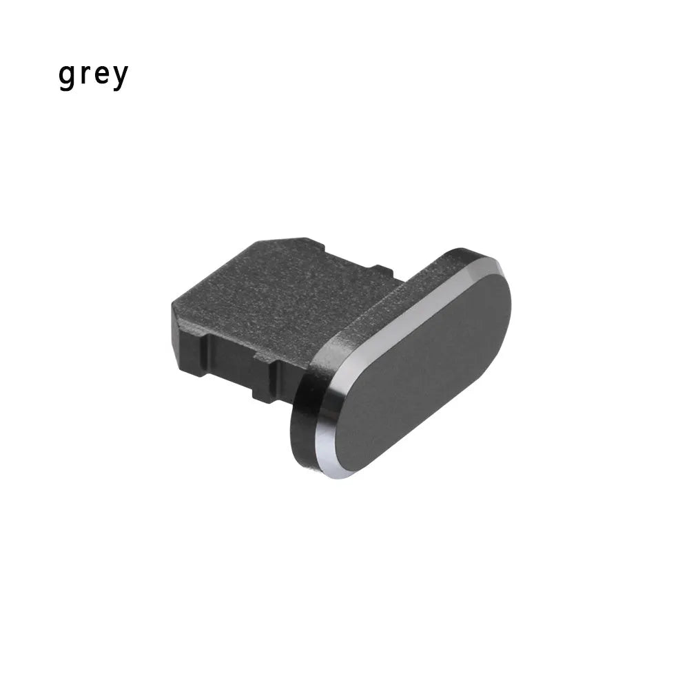 Aluminium alloy charging port dust plug for iPhone in various colours including gold, silver, blue, and rose gold.