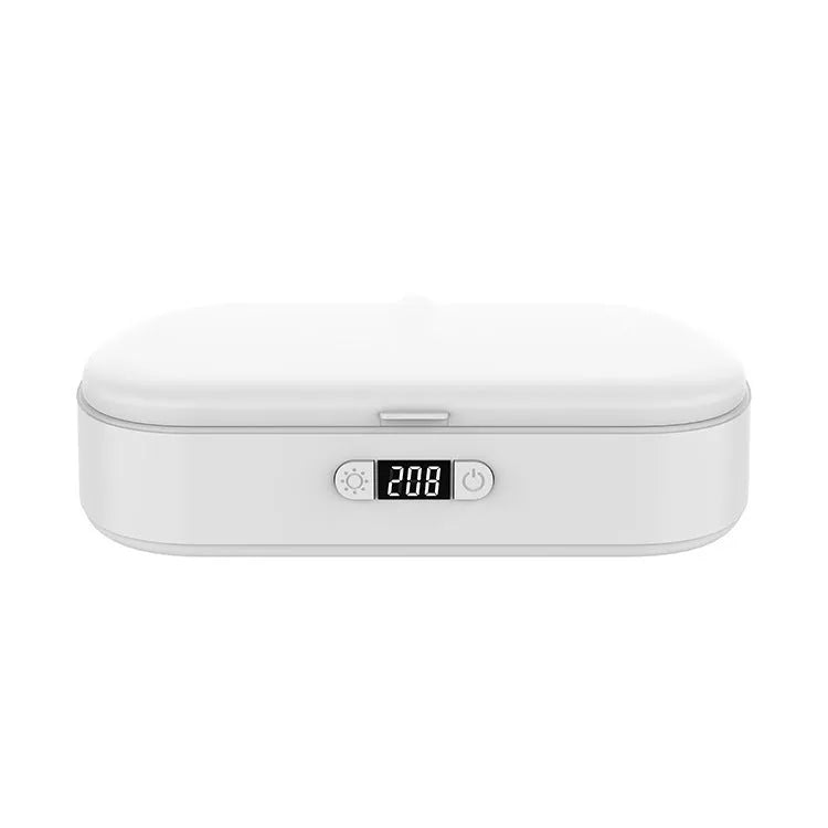 White ABS UV steriliser box with wireless charging for phones and jewellery on a plain background.