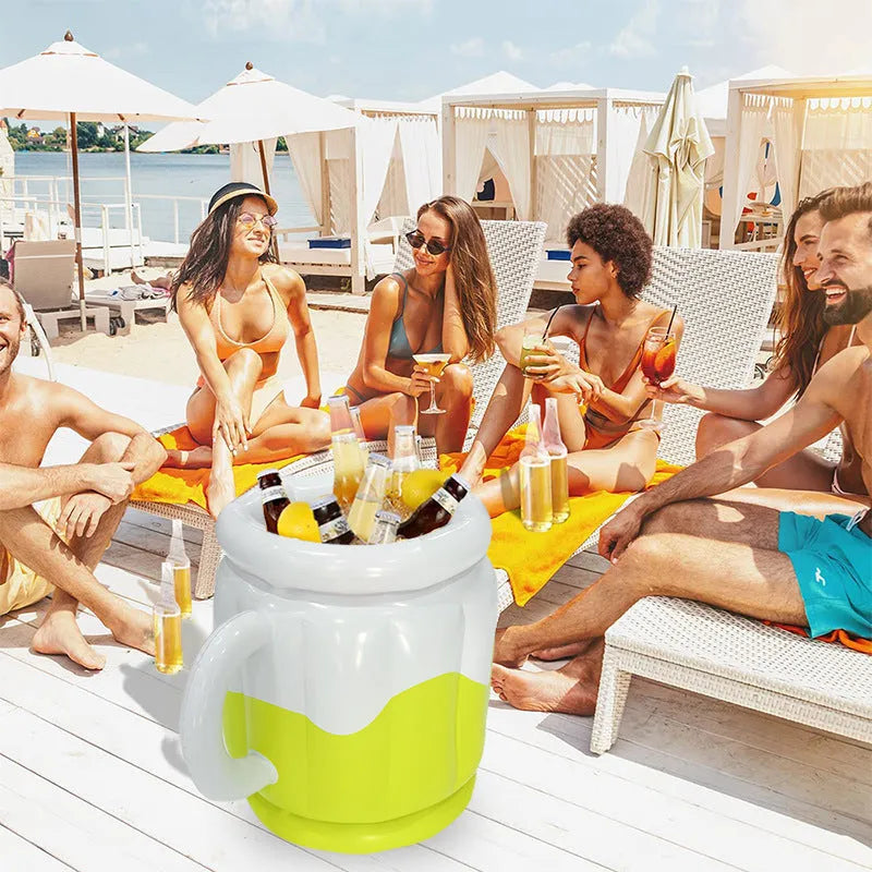 Yellow inflatable PVC ice bucket for holding drinks and ice at outdoor events.