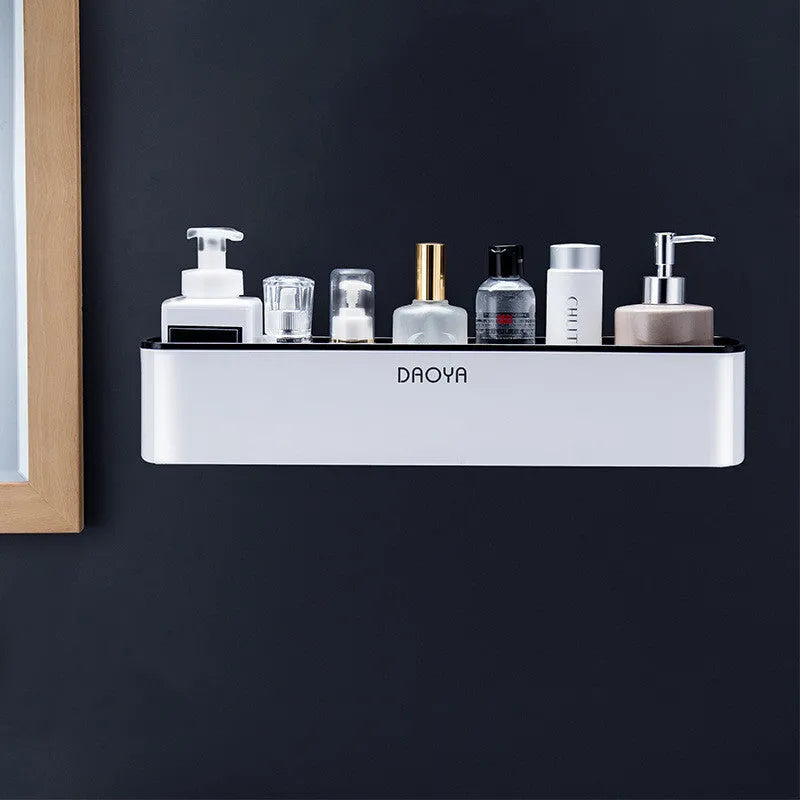 Plastic bathroom wall shelf with hole-free installation on a polished wall