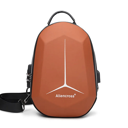 Waterproof Oxford cloth chest bag in black, shown worn across the chest, with an iPad and water bottle inside.