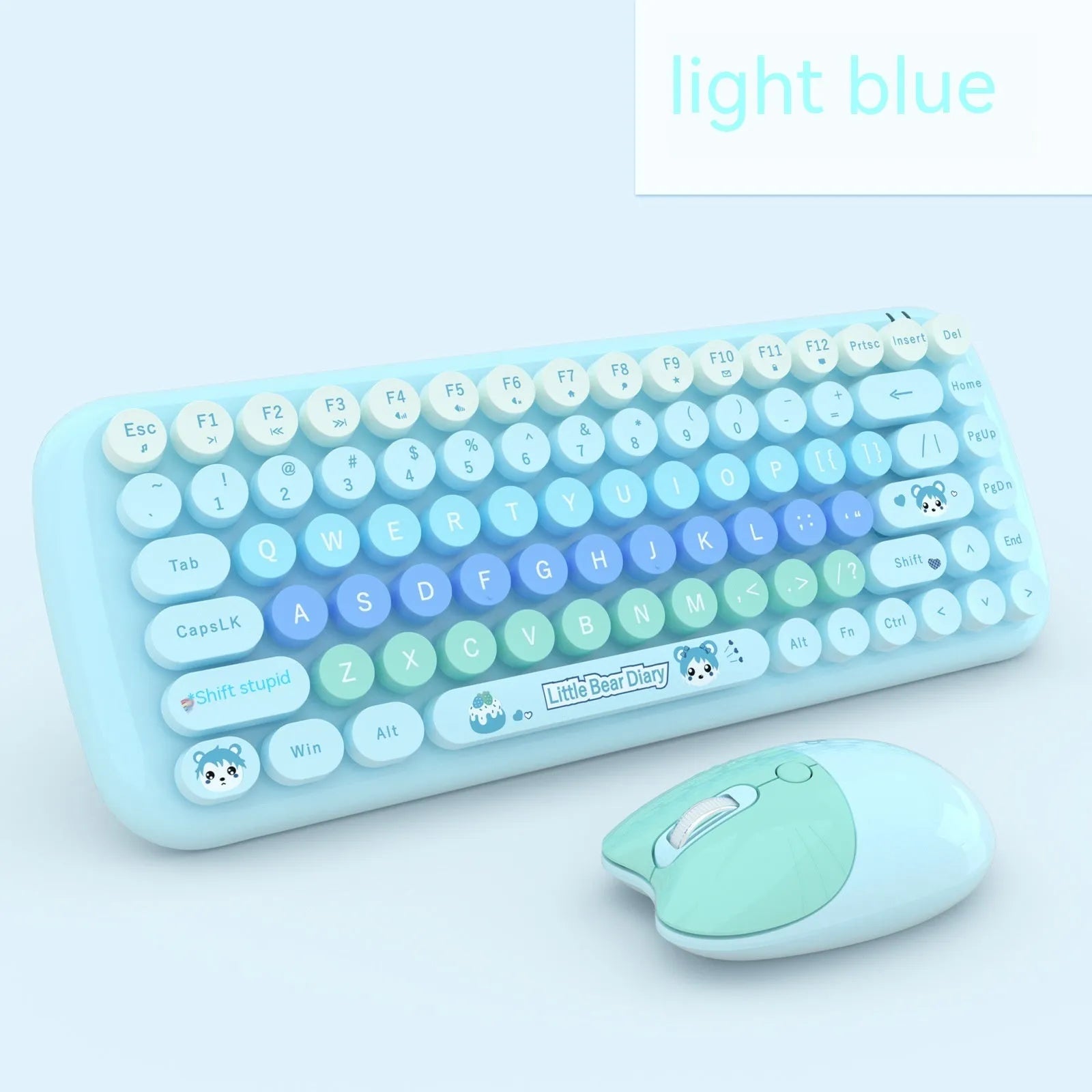 Candy pink wireless keyboard and mouse set with compact cartoon-style design on a desk.