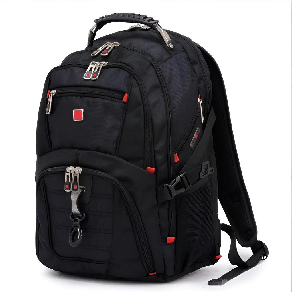 Black 38 litre business laptop backpack open to show three internal compartments for a computer, stationery, and storage.
