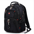 Black 38 litre business laptop backpack open to show three internal compartments for a computer, stationery, and storage.